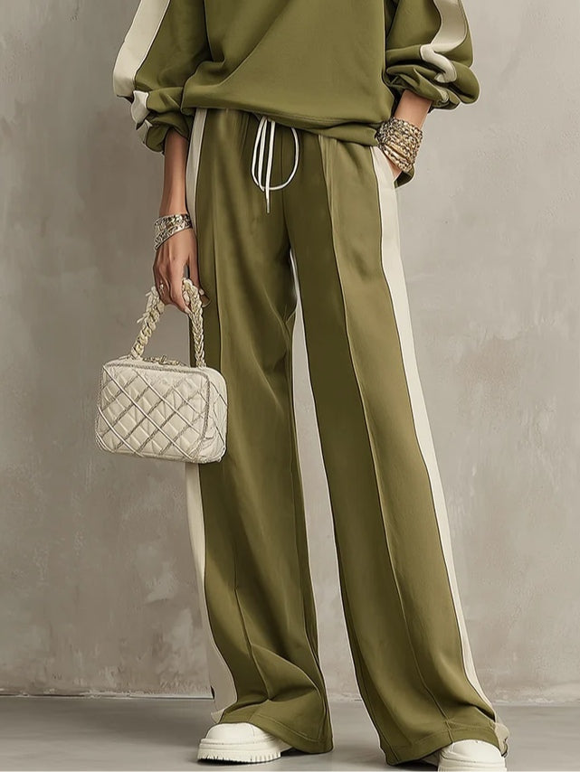 Sonia olive sweatshirt co-ord set, close-up of wide-leg drawstring trousers
