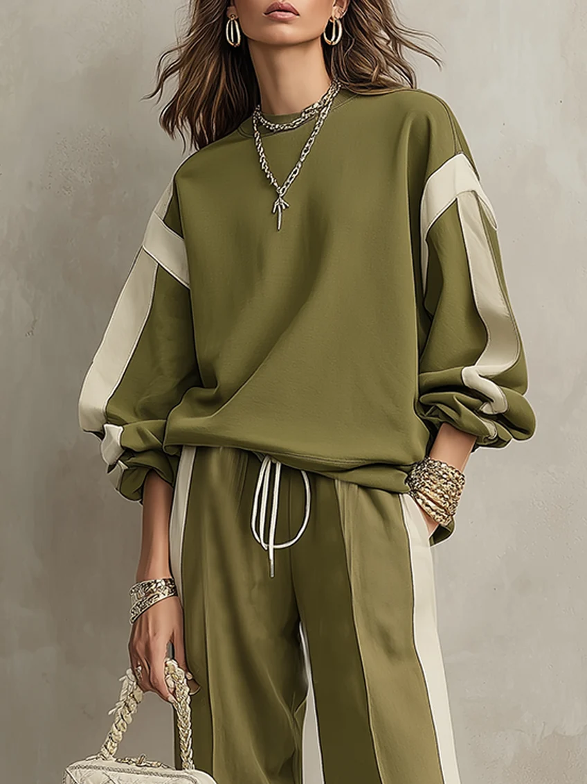 Sonia olive sweatshirt co-ord set, close-up of crew-neck sweatshirt with cream stripes