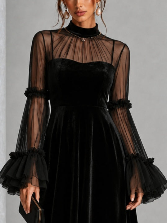 Stephanie black velvet midi dress, close-up of sheer mesh high neck and sweetheart bodice