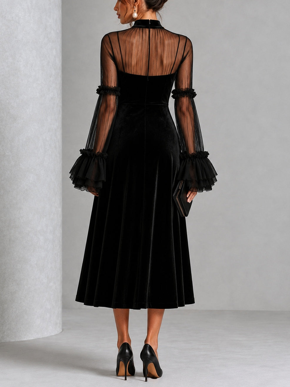 Stephanie black velvet midi dress, full-length back view