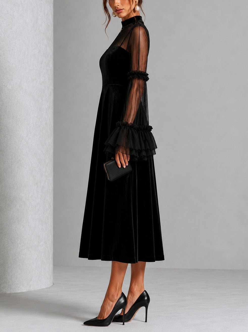 Stephanie black velvet midi dress, full-length side view