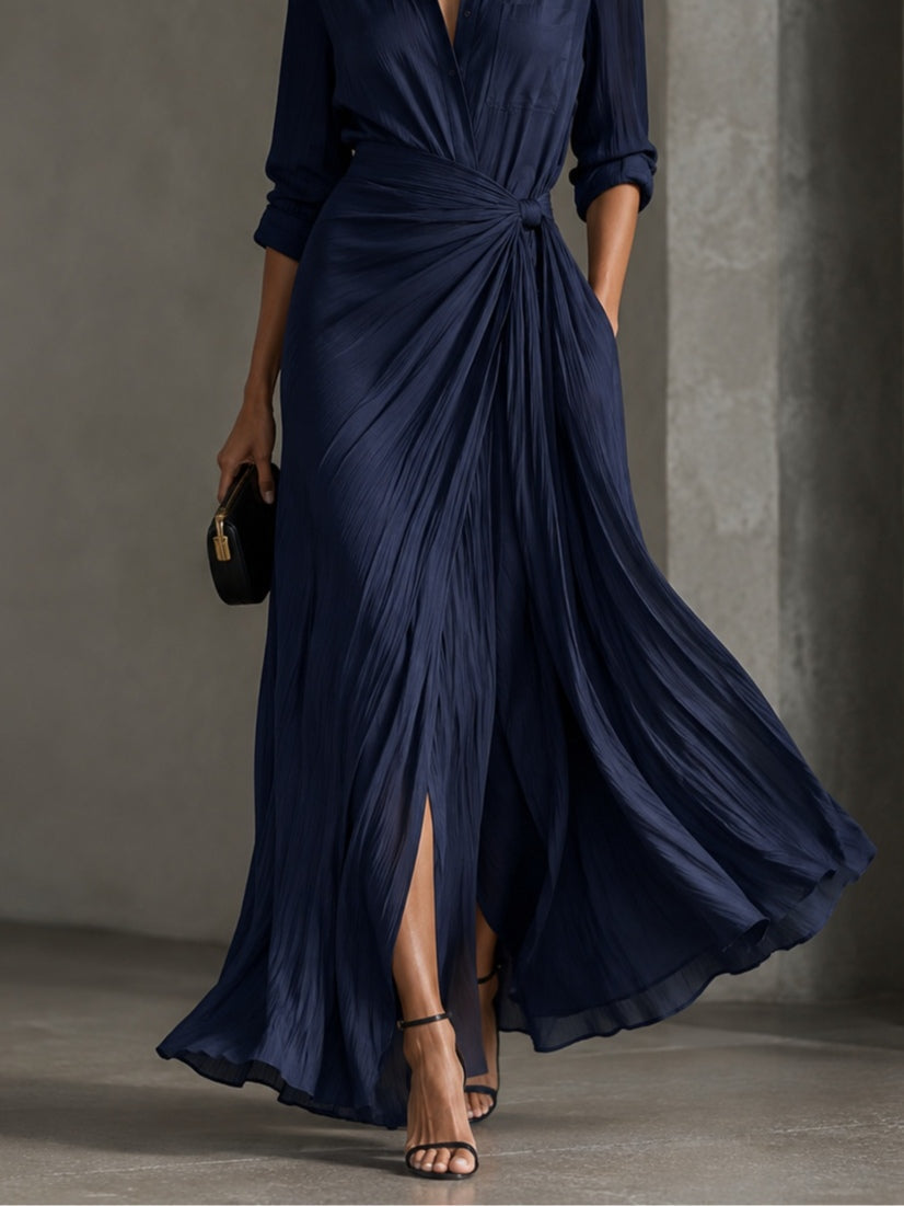Gabriella knotted maxi shirt dress in navy, flowing skirt with slit in motion