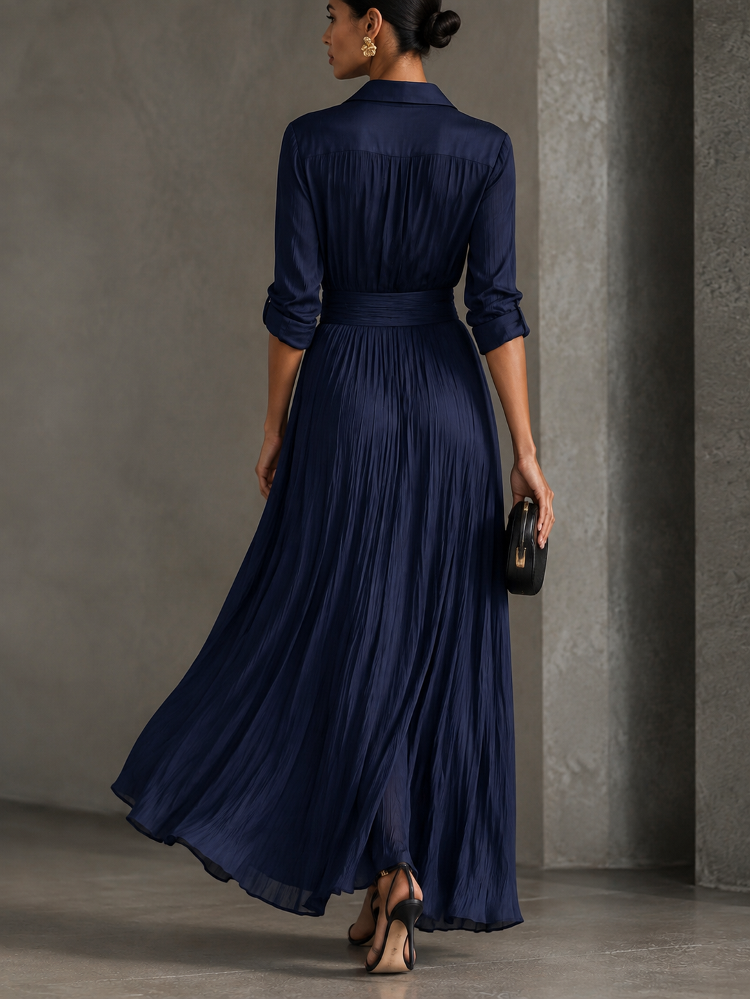 Gabriella knotted maxi shirt dress in navy, full-length back view