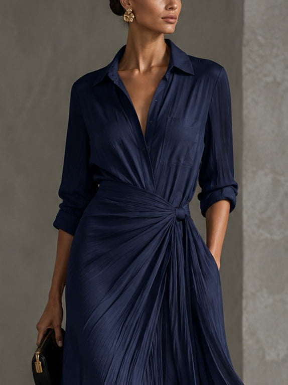 Gabriella knotted maxi shirt dress in navy, close-up of collar and knotted waist