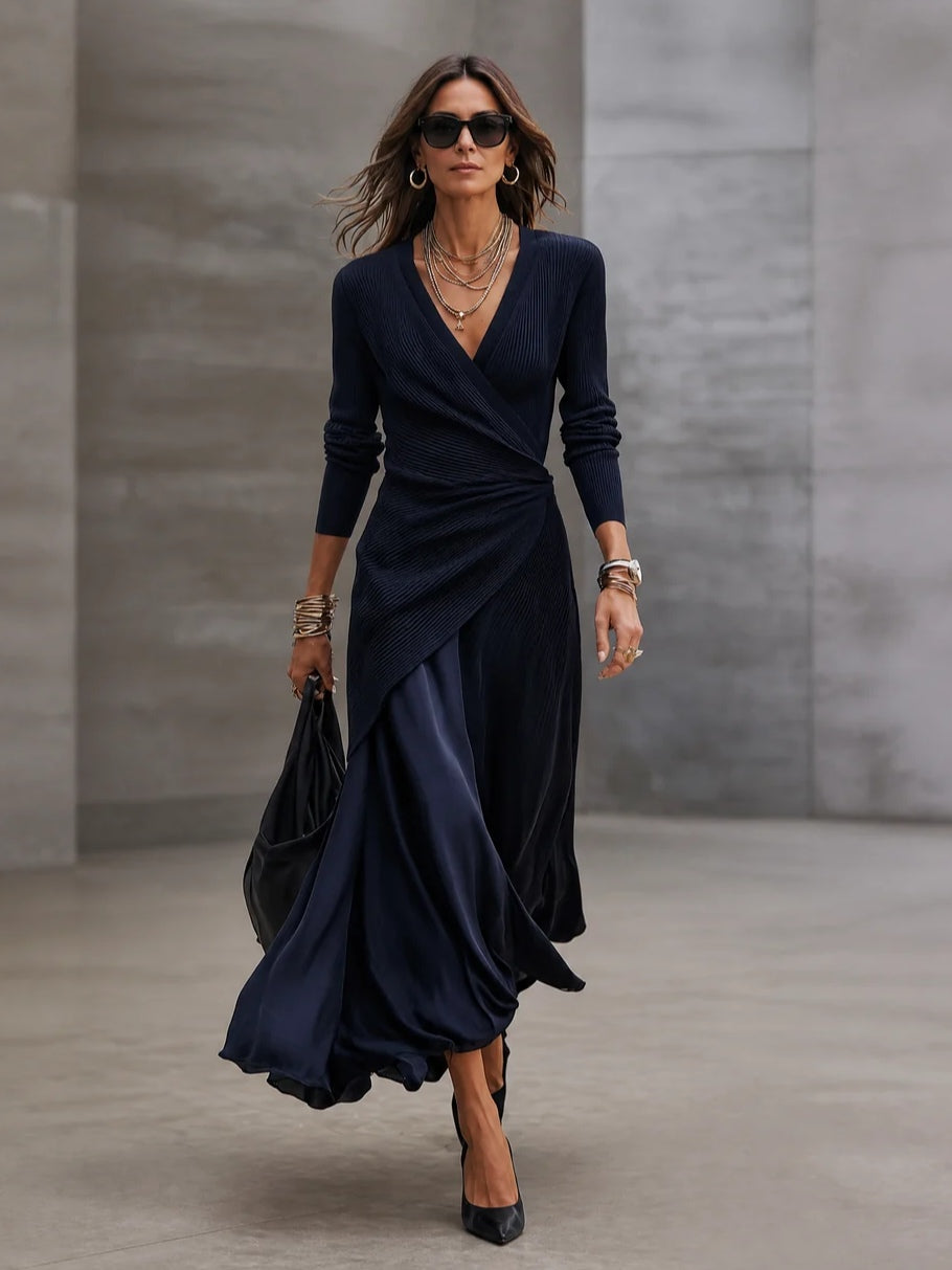 Annabella asymmetric satin maxi dress in navy, full-length walking view