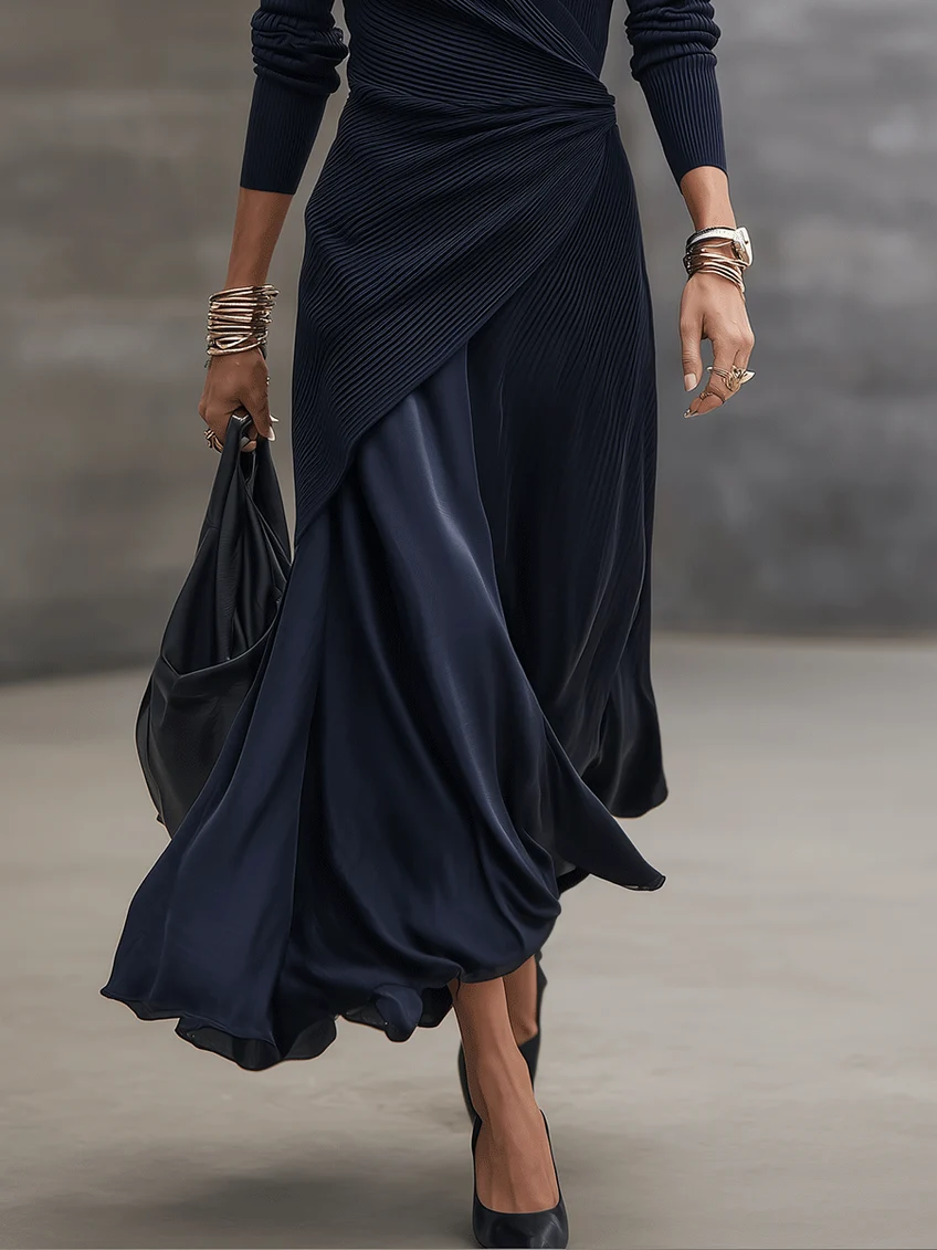 Annabella asymmetric satin maxi dress in navy, close-up of satin skirt panels