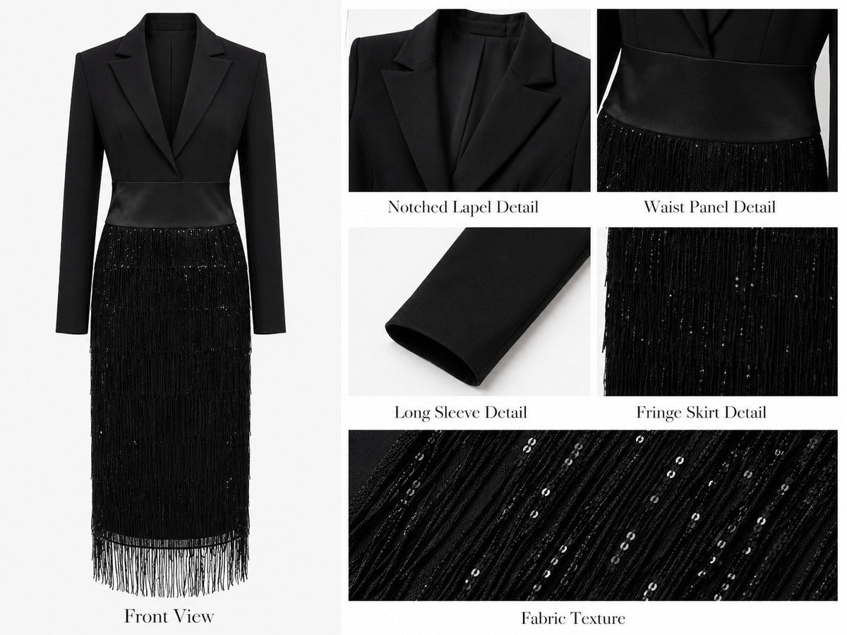Melisande blazer midi dress in black, detail view of lapels, waistband and fringe