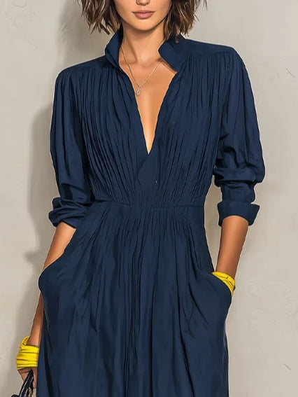 Wynne pleated V-neck maxi dress in navy blue, pleated bodice detail