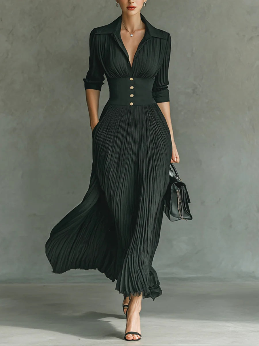 Blodwen pleated maxi dress in dark green, front view