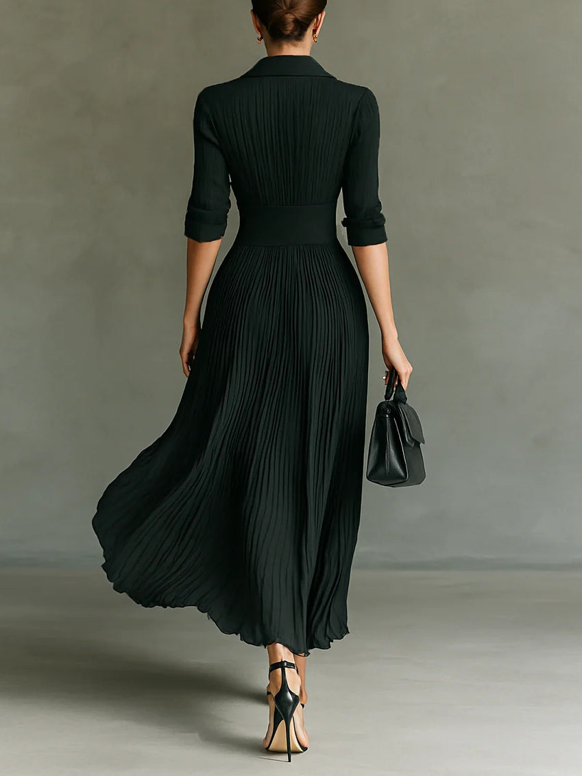 Blodwen pleated maxi dress in dark green, back view