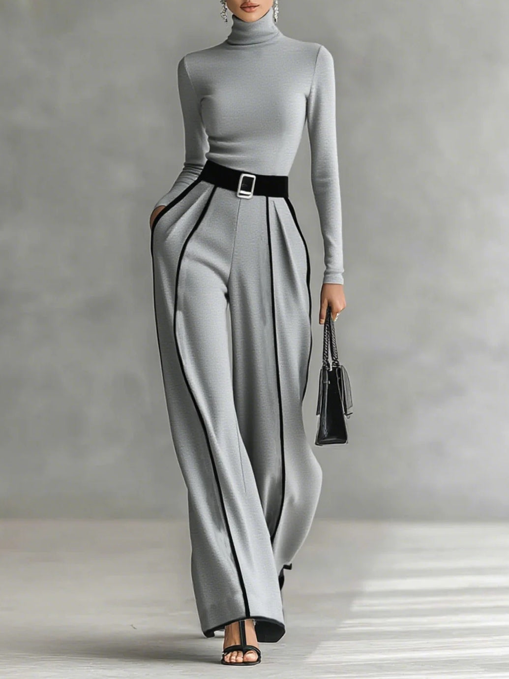 Adèle | High-Neck Contrast-Trim Top & Wide-Leg Trousers Set