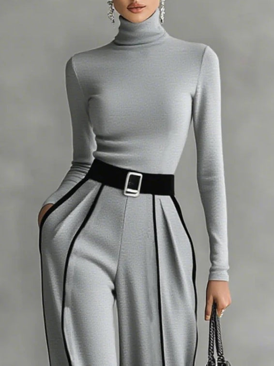 Adèle | High-Neck Contrast-Trim Top & Wide-Leg Trousers Set