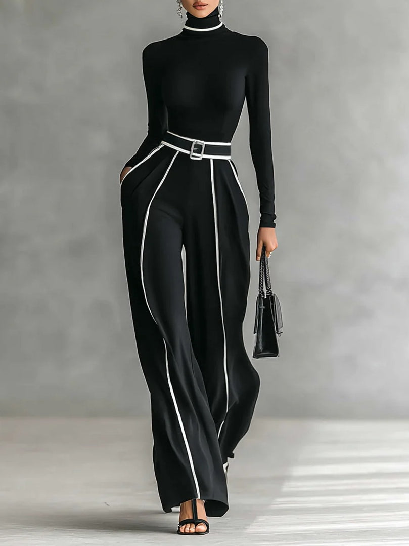 Adèle | High-Neck Contrast-Trim Top & Wide-Leg Trousers Set