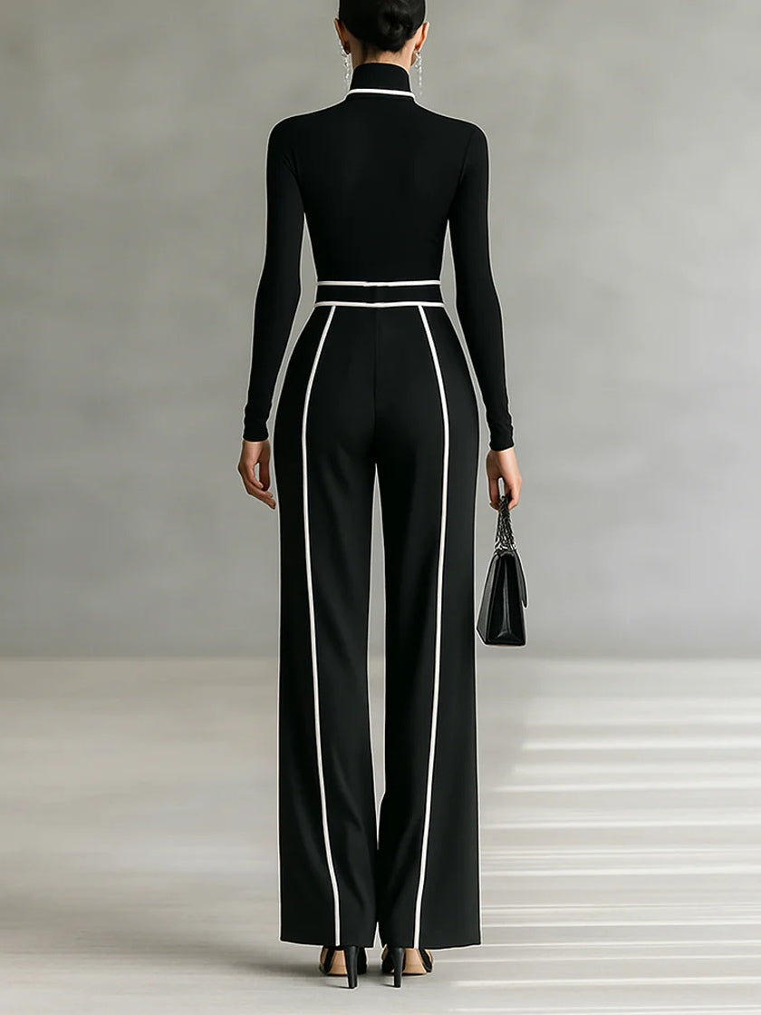 Adèle | High-Neck Contrast-Trim Top & Wide-Leg Trousers Set