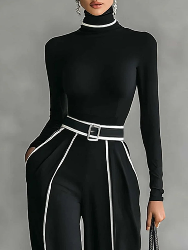 Adèle | High-Neck Contrast-Trim Top & Wide-Leg Trousers Set