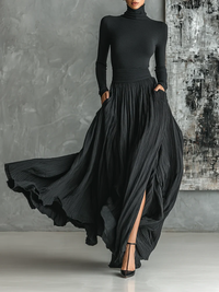 Prudence | Black Turtleneck T-Shirt & Pleated Skirt Set