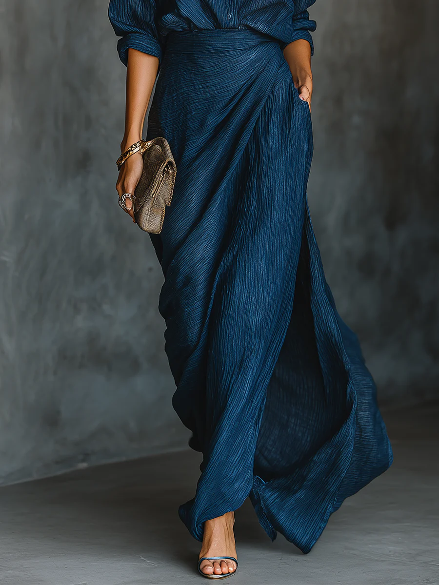 Katrine shirt and wrap maxi skirt set in blue, skirt detail