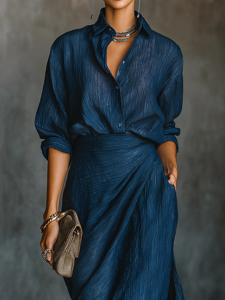 Katrine shirt and wrap maxi skirt set in blue, shirt close-up