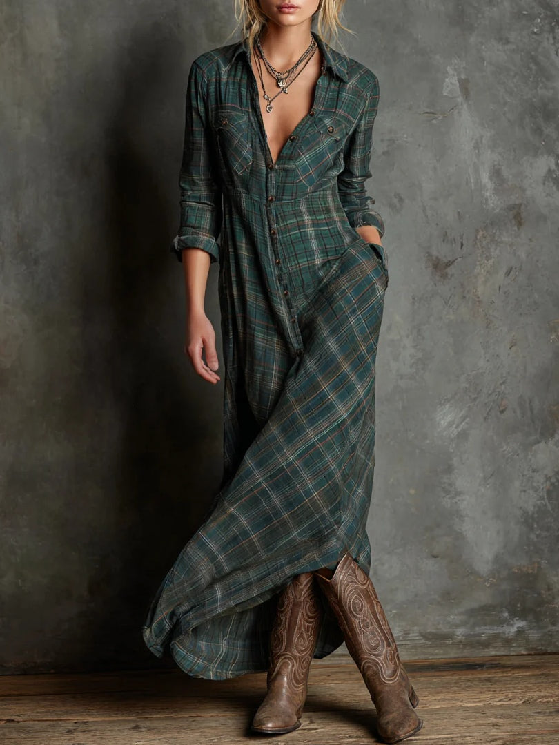 Margaux | Green Gingham-Collar Maxi Shirt Dress