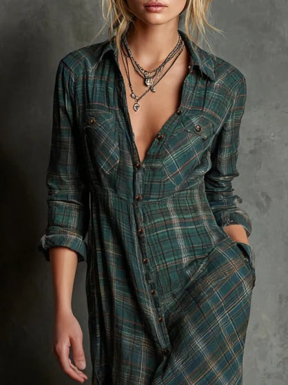 Margaux | Green Gingham-Collar Maxi Shirt Dress