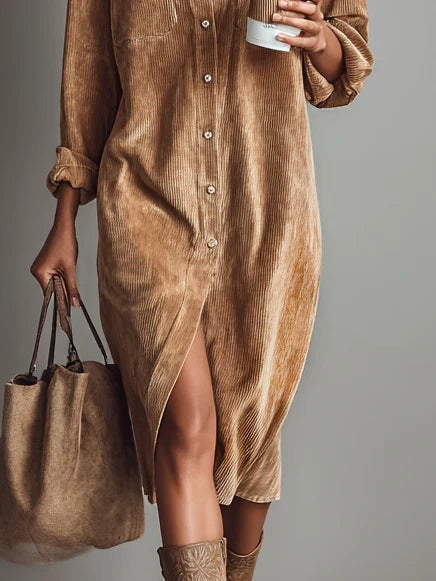 Béatrice | Corduroy Midi Dress with Pockets & Button Front