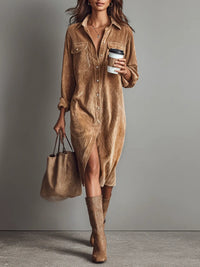 Béatrice | Corduroy Midi Dress with Pockets & Button Front