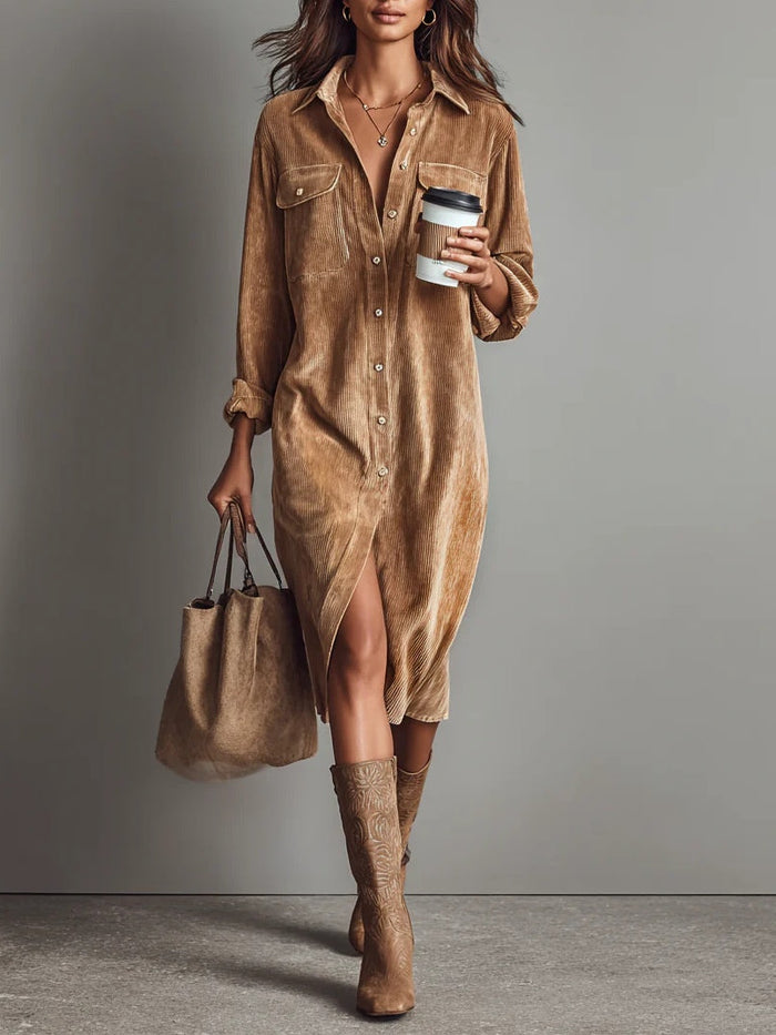 Béatrice | Corduroy Midi Dress with Pockets & Button Front