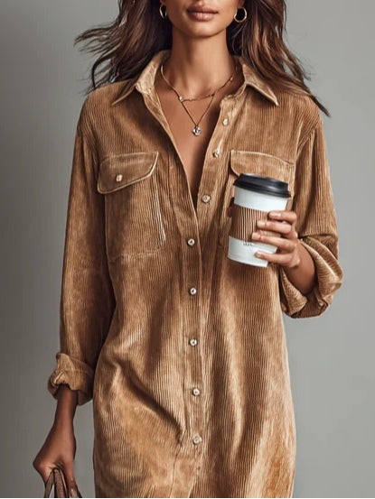 Corduroy Midi Dress with Chest Pockets