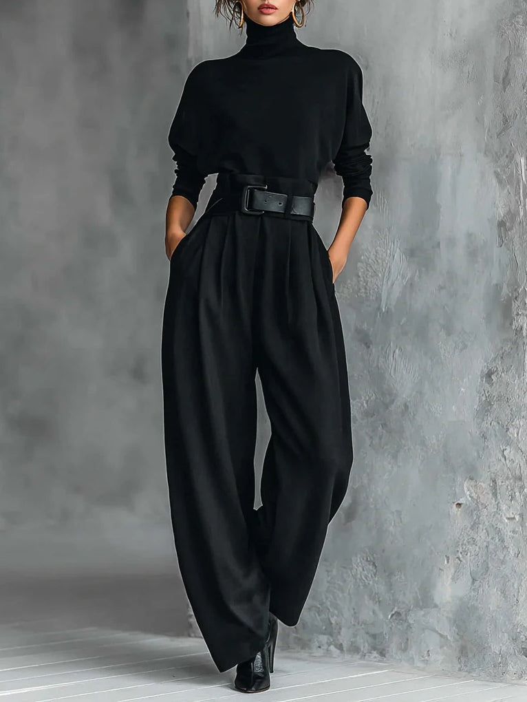Noëlla | Black Turtleneck Top & Straight-Leg Trousers Set