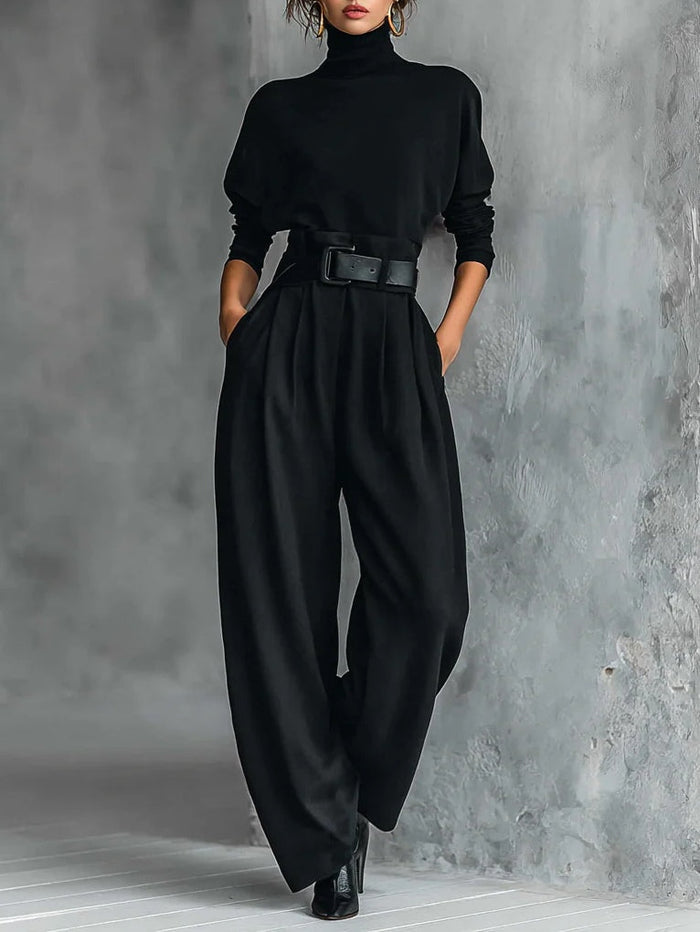 Noëlla | Black Turtleneck Top & Straight-Leg Trousers Set