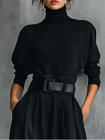 Noëlla | Black Turtleneck Top & Straight-Leg Trousers Set