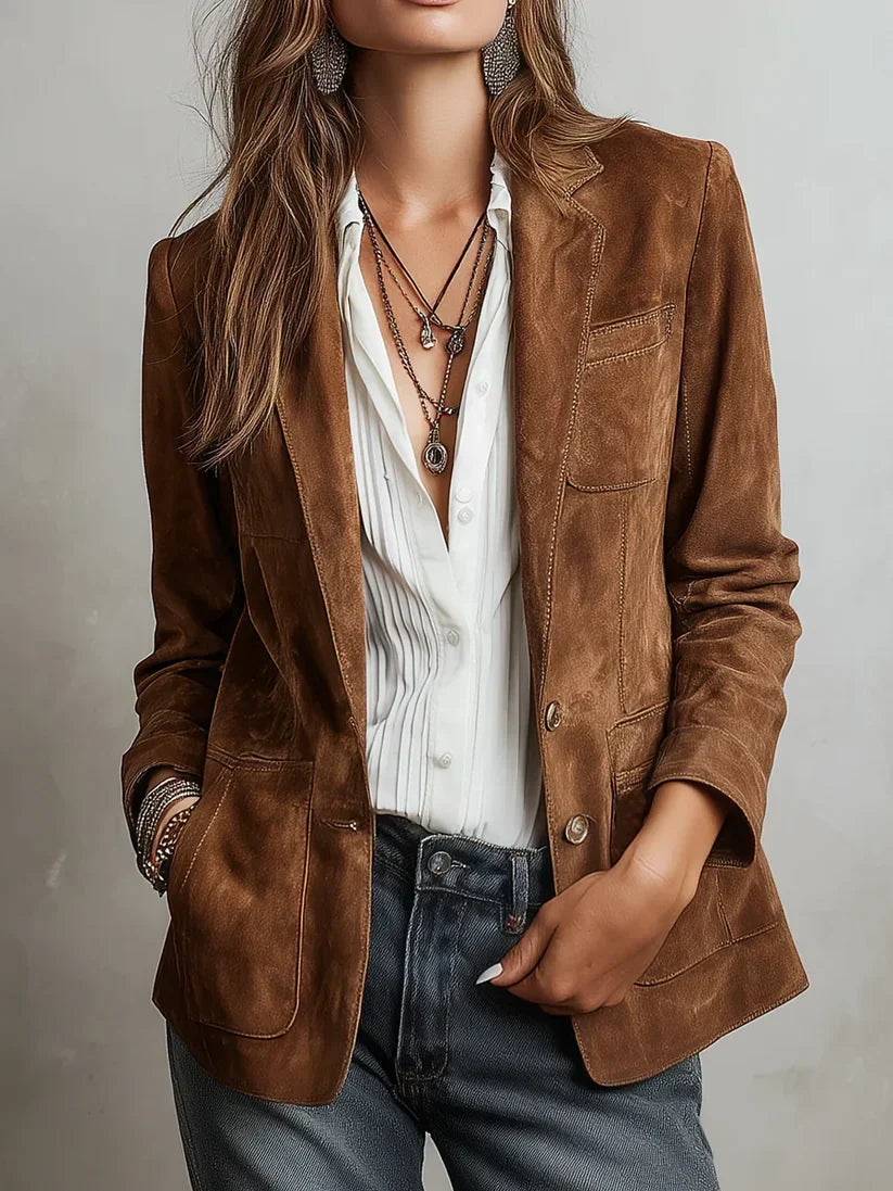 Christina vintage brown blazer worn open with white shirt and jeans, front view