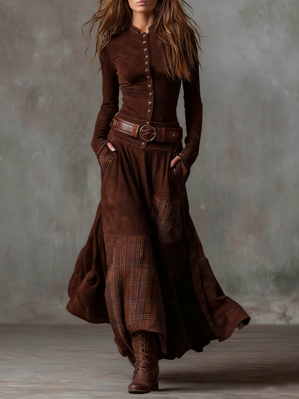 Brigid suede-look maxi dress in brown, front view