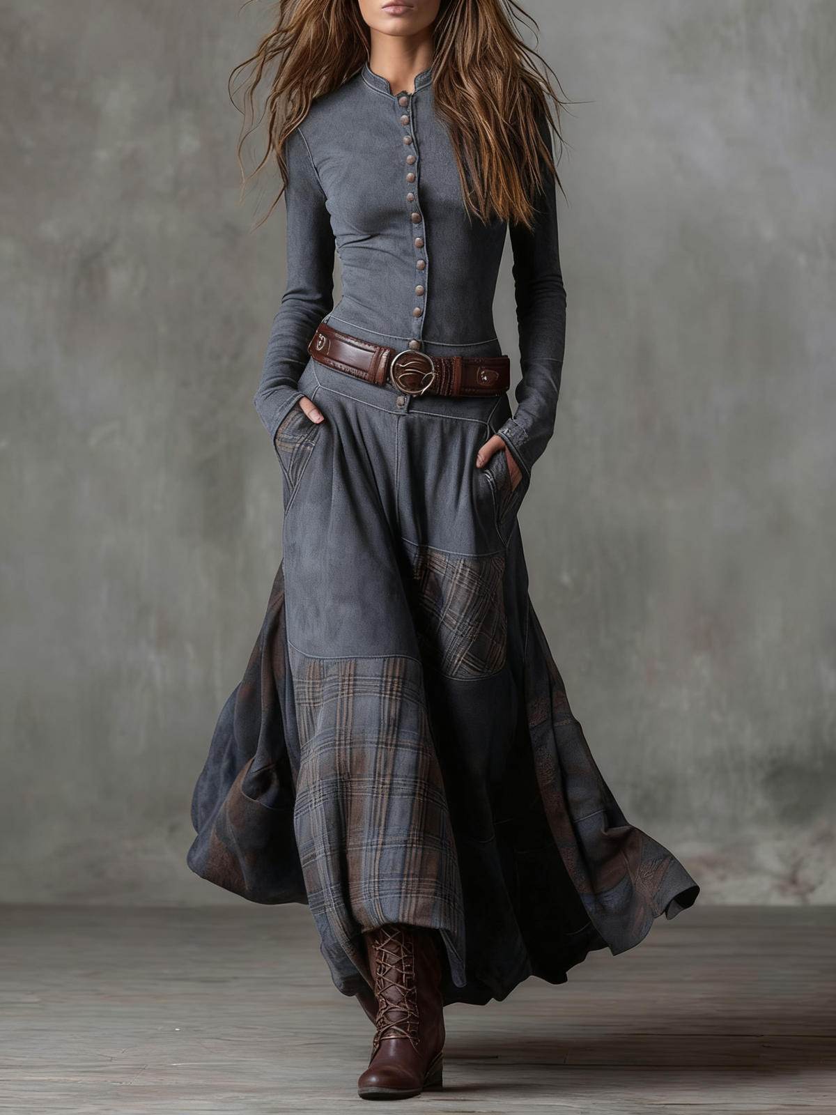 Brigid suede-look maxi dress in grey, front view