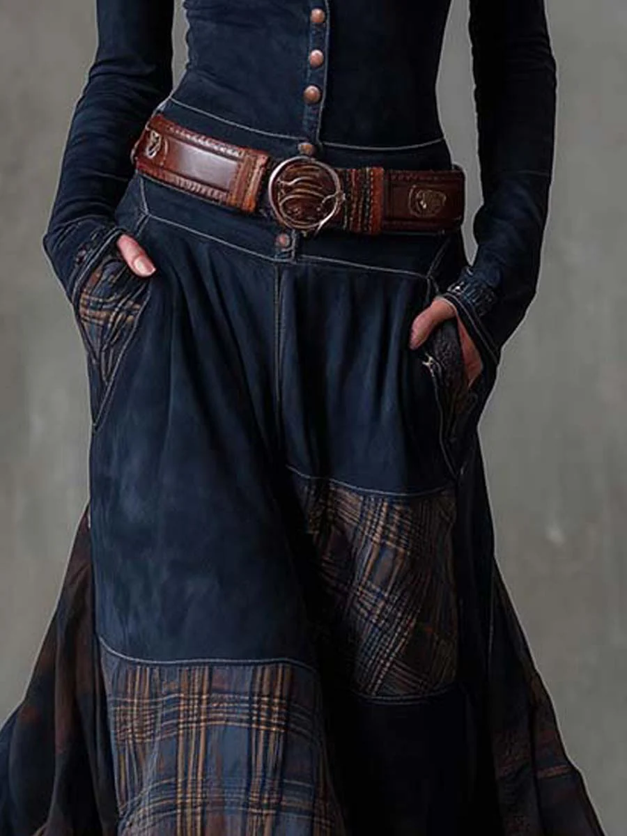 Brigid suede-look maxi dress in navy, check panel and pocket detail