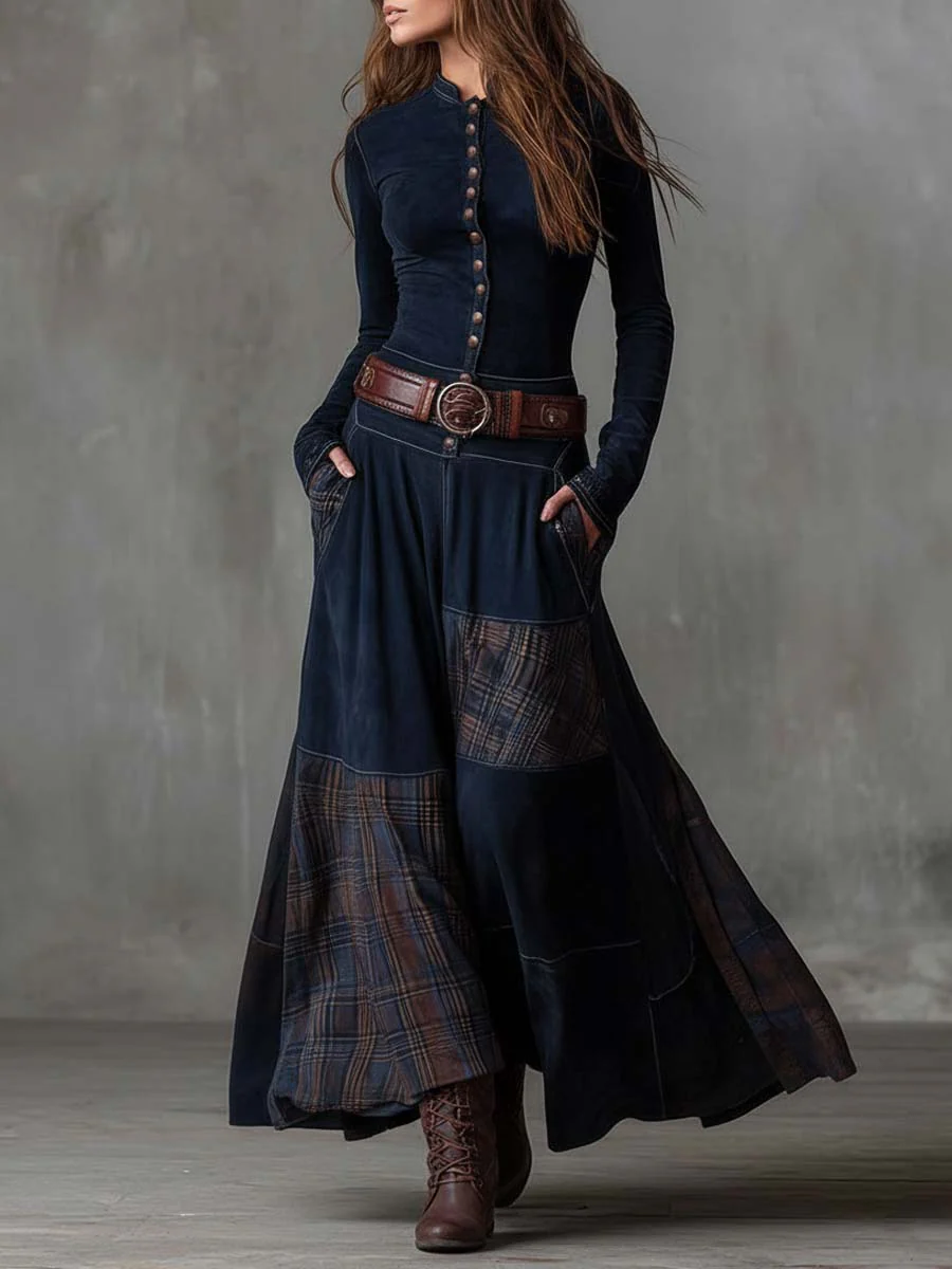 Brigid suede-look maxi dress in navy, walking view