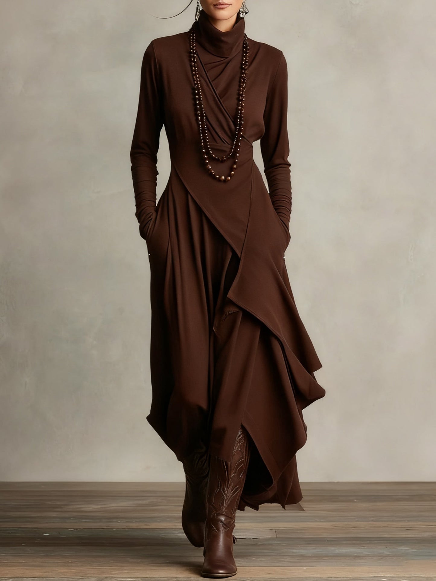 Irene | High-neck Asymmetrical Pleated Dress