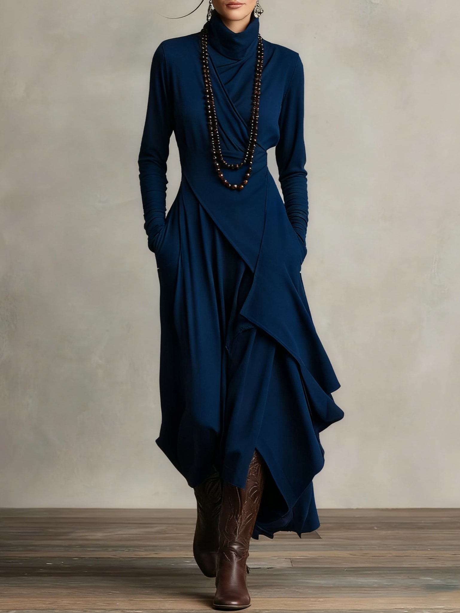 Irene | High-neck Asymmetrical Pleated Dress