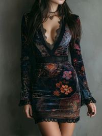 SELENE FLORAL MINI DRESS WITH V-NECK, LACE TRIM, AND FITTED SILHOUETTE