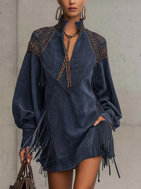 JUNO INDIGO MINI DRESS WITH EMBROIDERED TASSELS AND STAND COLLAR