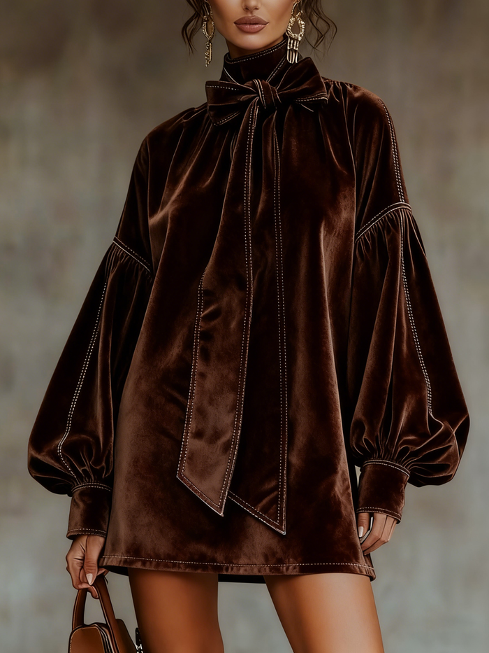 CELESTE DARK BROWN MINI DRESS WITH BOW AND LANTERN SLEEVES