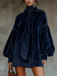 LIORA DARK BLUE MINI DRESS WITH BOW AND LANTERN SLEEVES