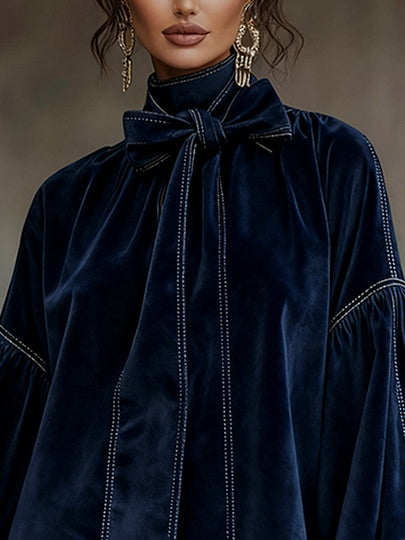 Odetta velvet mini dress with neck bow in navy blue, bow close-up