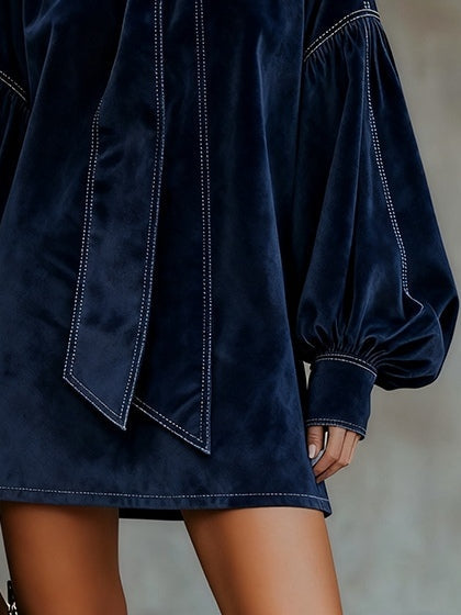 Odetta velvet mini dress with neck bow in navy blue, sleeve and hem detail