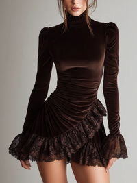MAYA BROWN MINI DRESS WITH TURTLENECK AND RUFFLED HEM