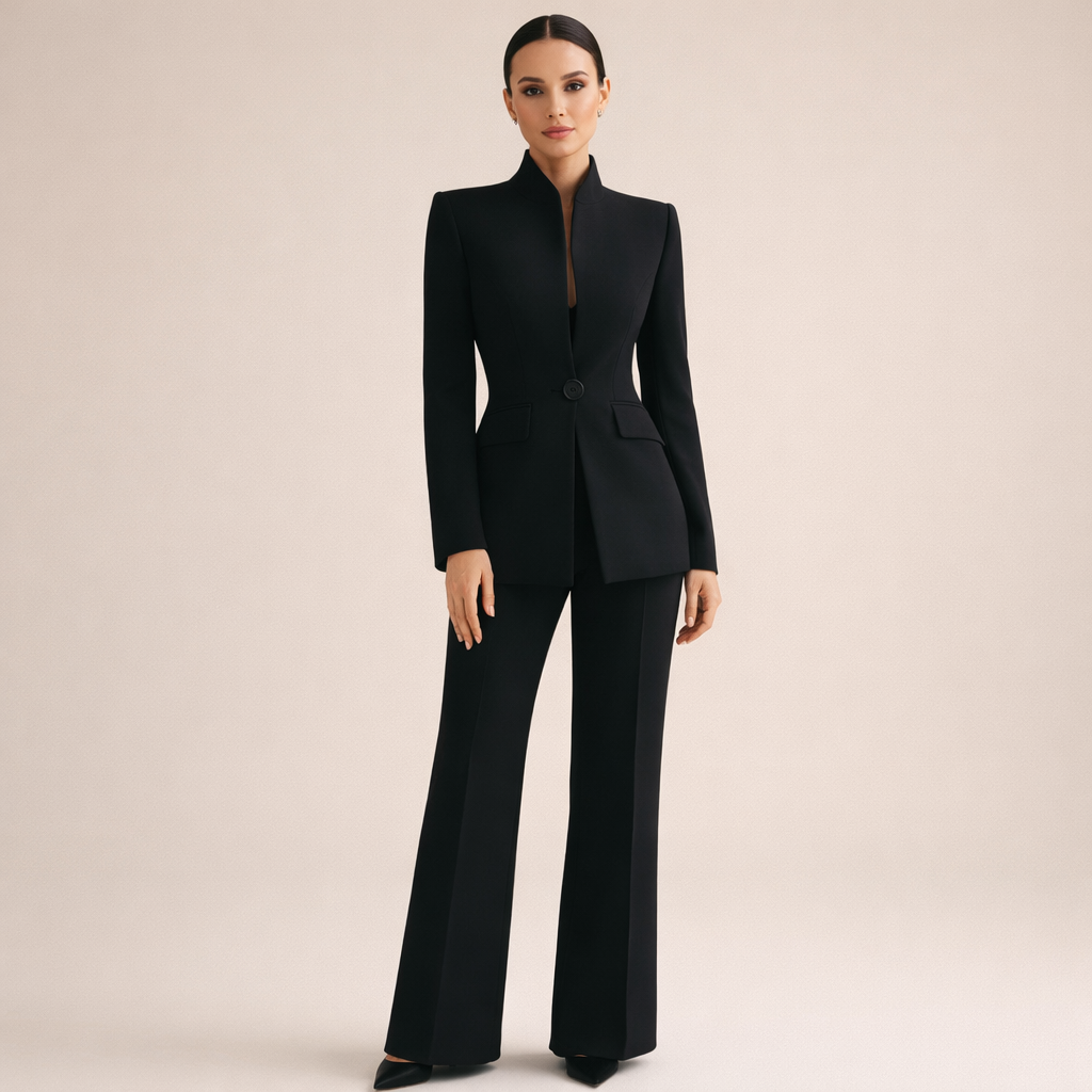 Gwendoline tailored wide-leg trouser suit in black with stand collar, full-length studio view