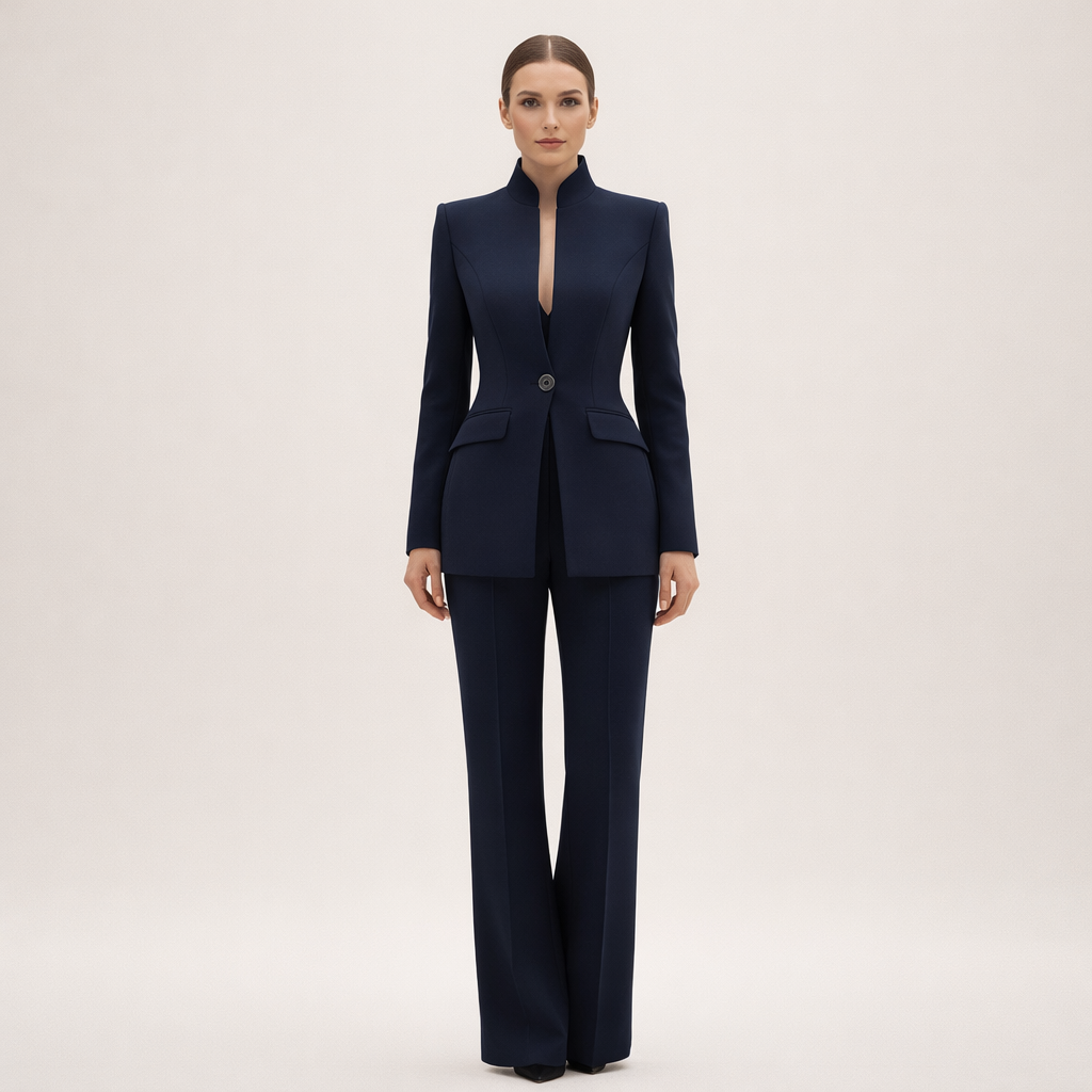 Gwendoline tailored wide-leg trouser suit in navy, full-length front view