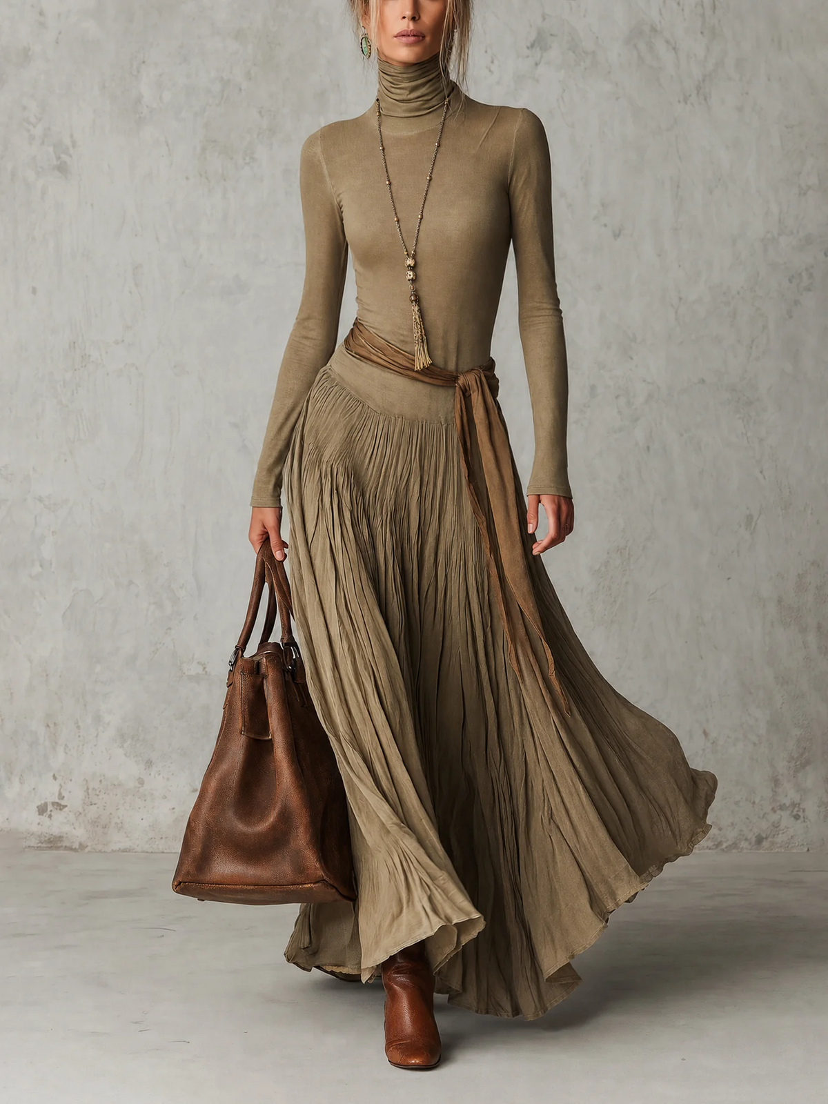 Gina pleated maxi dress in olive green, full-length front view