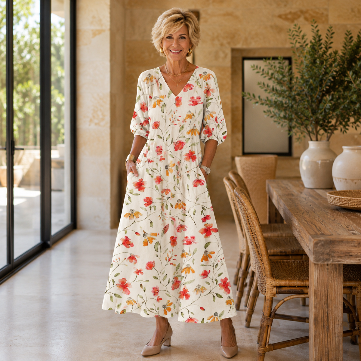 Raine blossom maxi dress in ivory with red and mustard flowers, front view