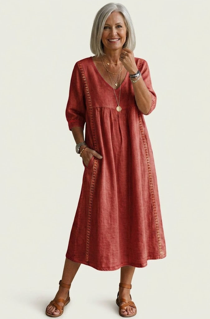 Juliette lace-trim A-line midi dress in red, full-length front view